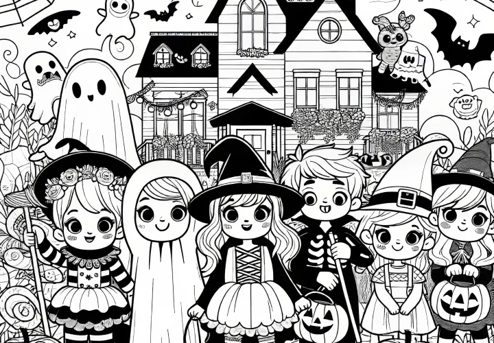 ¡Feliz celebración de Halloween con figuras espeluznantes: imagen para colorear para descargar (Gratis)