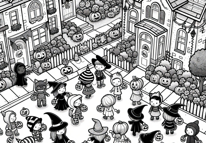 Halloween party in the city: coloring sheet (Free)