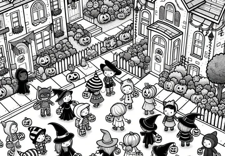 Fiesta de Halloween en la ciudad: plantilla para colorear (Gratis)