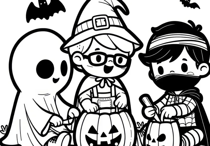 Dibujo para colorear simple: Fiesta de Halloween con divertidos personajes (Gratis)