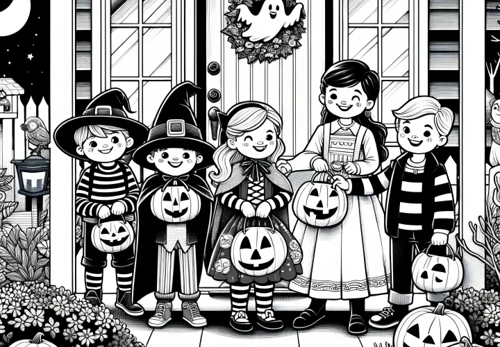 Fiesta de Halloween de una familia en frente de la casa: Dibujo para colorear gratis para descargar