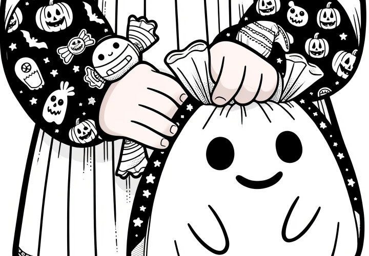 Cute Halloween bag with candy: Coloring sheet for download (Free)