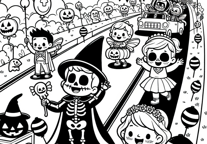 Happy Halloween parade with kids: Free coloring page