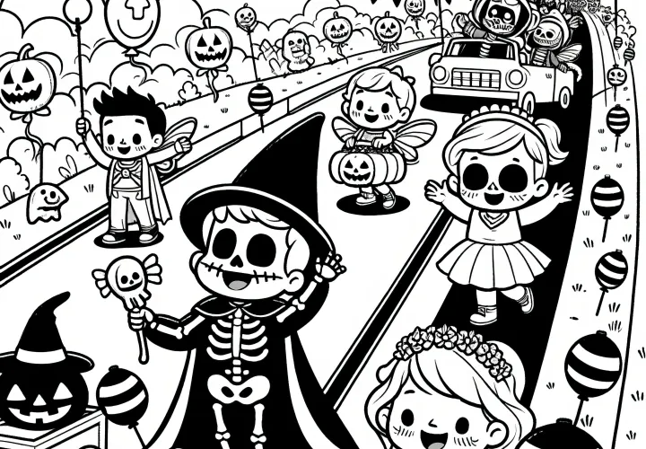 Alegre desfile de Halloween con niños: Plantilla de colorear gratuita