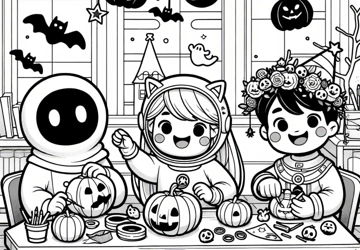 Happy children are carving pumpkins for Halloween party: Free coloring page