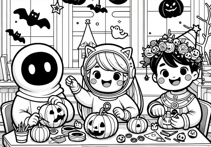 Niños felices tallan calabazas para la fiesta de Halloween: Imagen para colorear gratuita