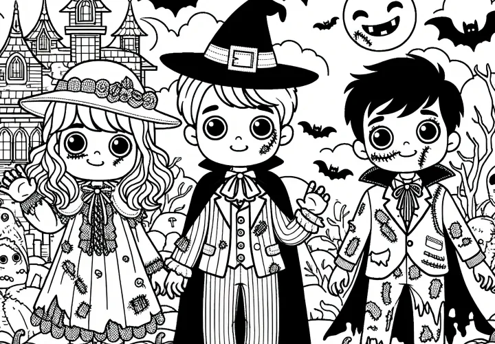 Niños disfrazados celebran Halloween: imagen para imprimir y colorear en línea (Gratis)