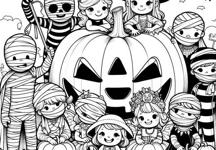 Children in monster costumes with giant pumpkin: Halloween coloring page (Free)