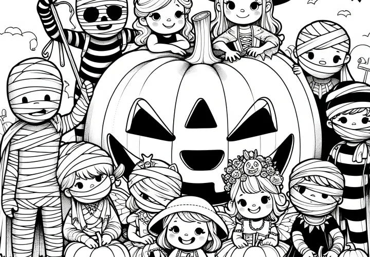 Niños con disfraces de monstruos con calabaza gigante: Dibujo de Halloween (Gratis)