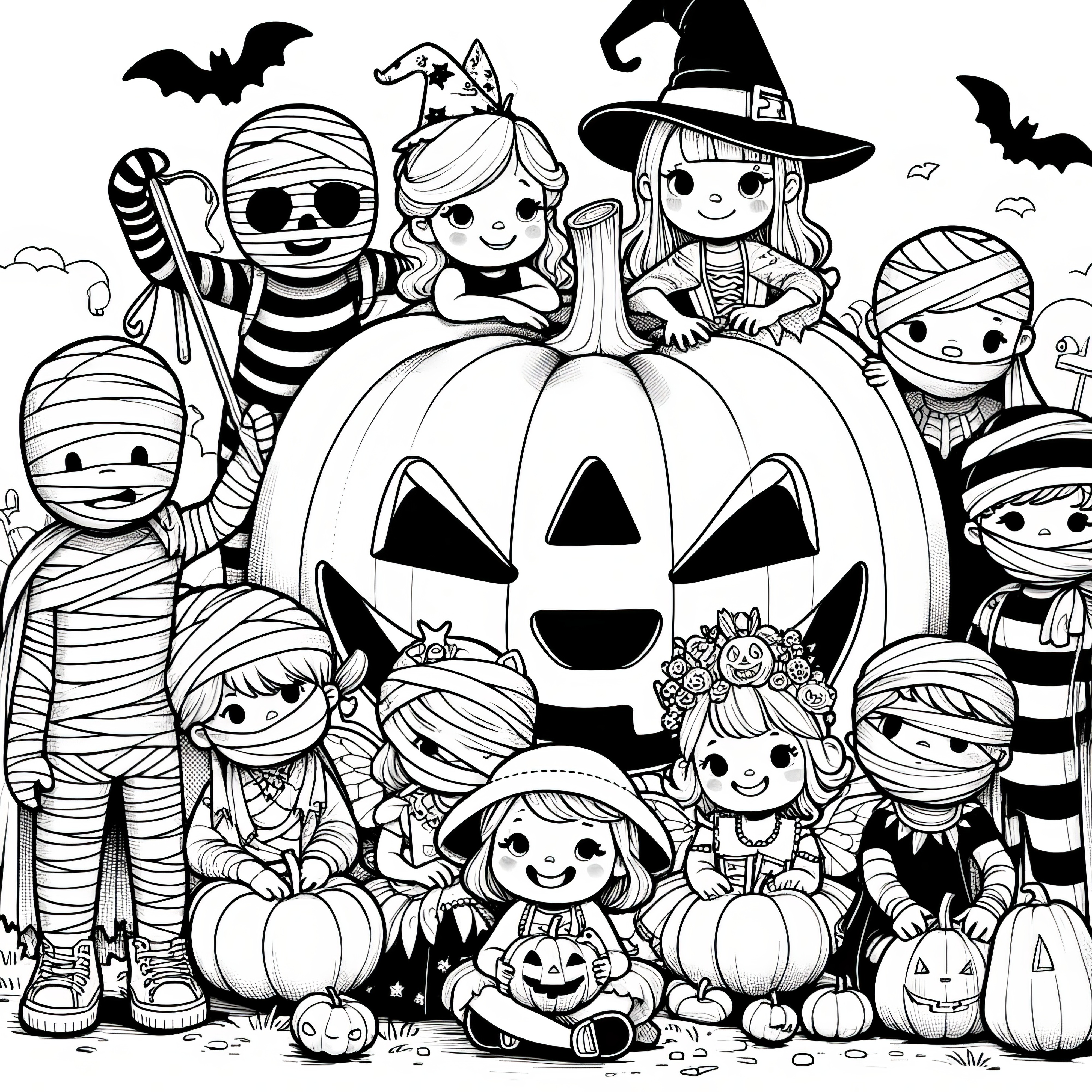 Anak-anak berpakaian monster dengan labu raksasa: Gambar mewarnai Halloween (Gratis)