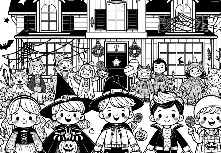 Los niños celebran Halloween frente a una casa: Fiesta de Halloween para colorear (Gratis)