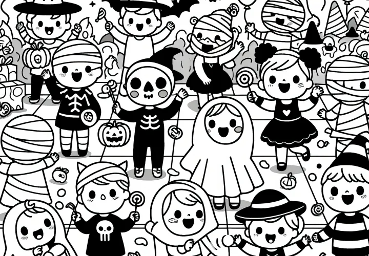 Fiesta de disfraces de Halloween: Imagen para imprimir y colorear (Gratis)