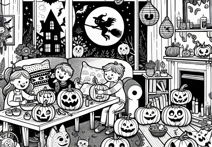 Fiesta de Halloween en casa con calabazas: Plantilla de colorear gratuita para descargar