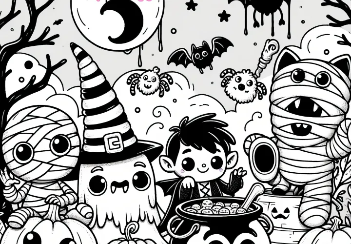 Fiesta de monstruos en Halloween: imagen para colorear (Gratis)