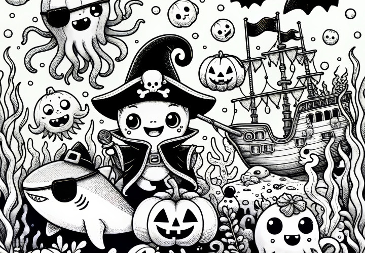 Halloween party underwater with pirate and pumpkins (free)