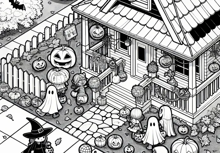 Niños disfrazados frente a una casa: dibujo para colorear para Halloween (Gratis)