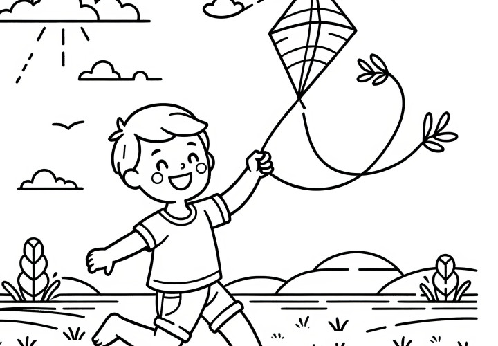 Niño riendo hace volar cometa: Dibujo para colorear para niños (Gratis)