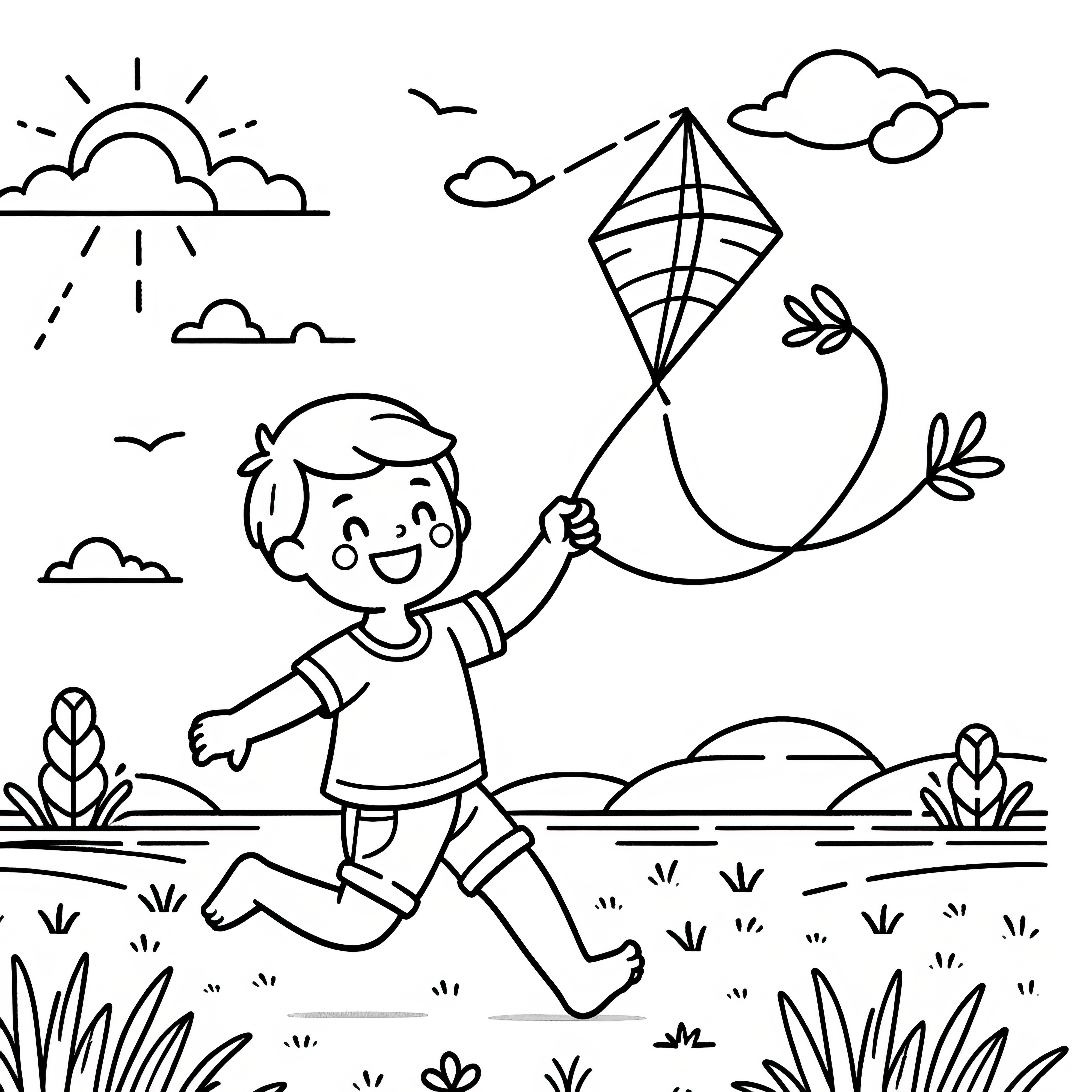 Niño riendo hace volar cometa: Dibujo para colorear simple para niños (Gratis)