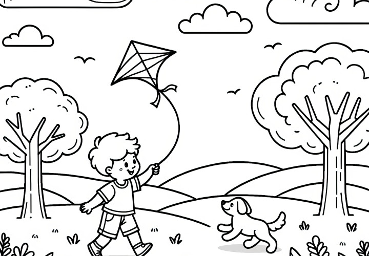 Bambino con cane fa volare aquiloni in autunno: disegno da colorare da scaricare (gratuito)