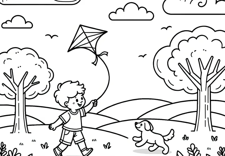 Niño con perro haciendo volar cometa en otoño: lámina para colorear para descargar (Gratis)