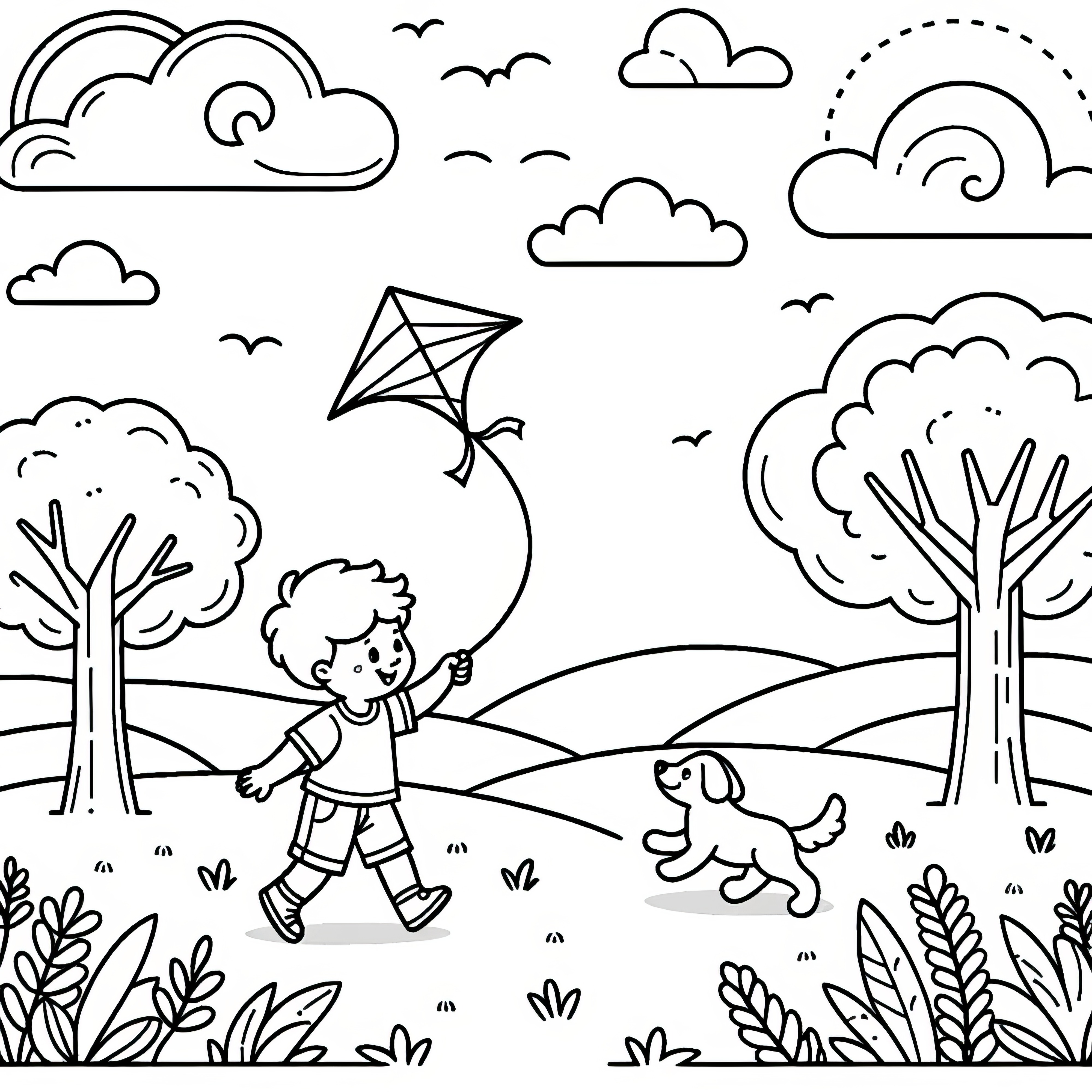 Niño con perro haciendo volar cometas en otoño: lámina para colorear para descargar (Gratis)