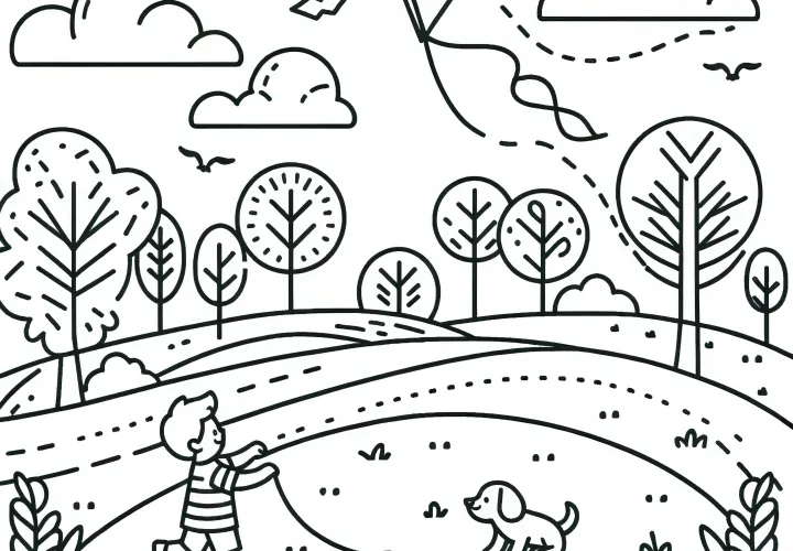 Dibujo para colorear otoñal: Niño haciendo volar una cometa con perro (Gratis)