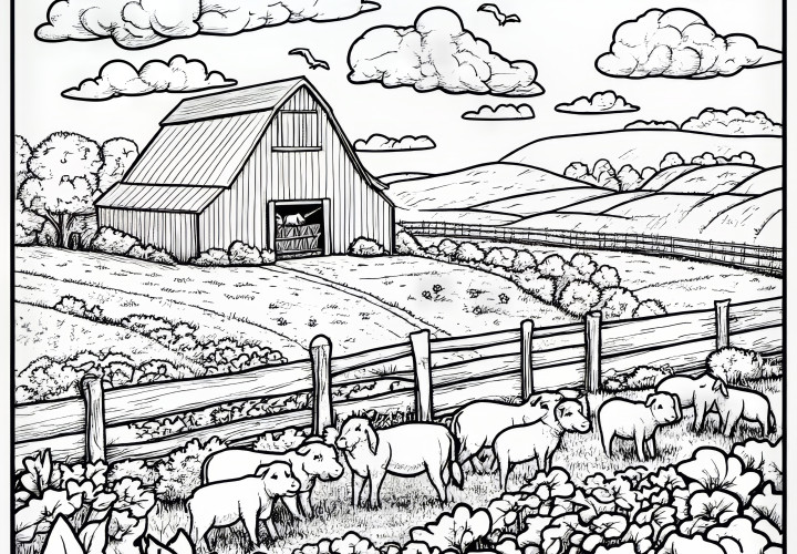 Granja con ovejas y campos: dibujo para colorear (Gratis)