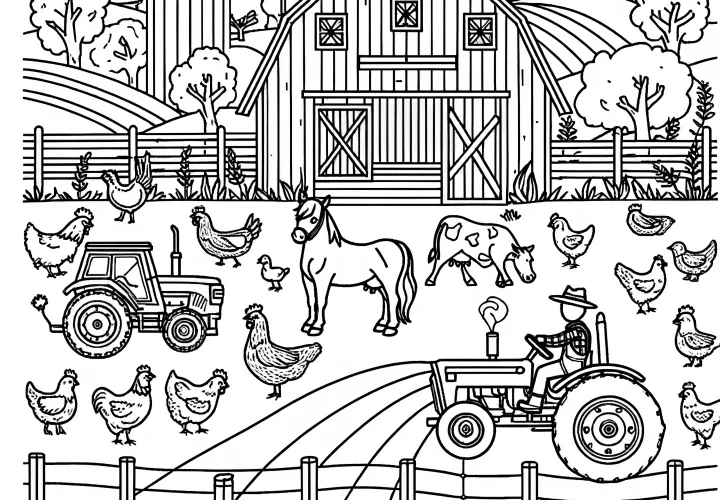 Granja con animales, campos, granero y tractor para colorear (Gratis)