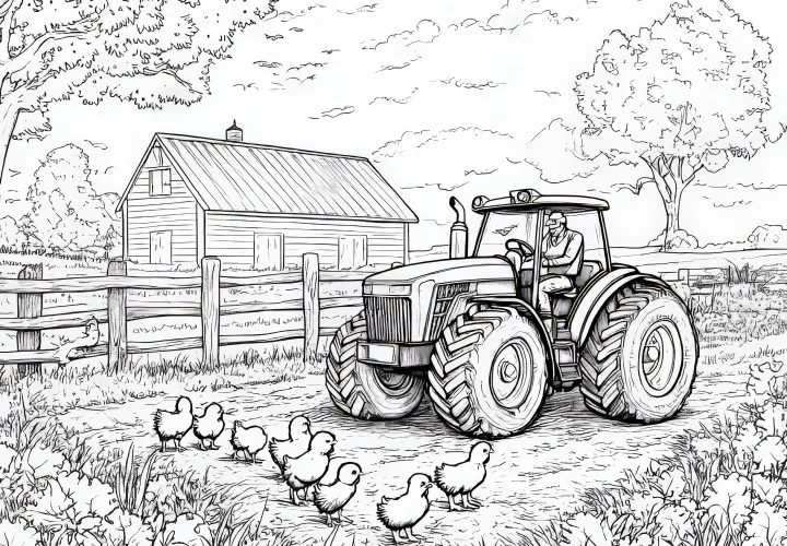 Granja con tractor y pollitos: dibujo para colorear para descargar (Gratis)