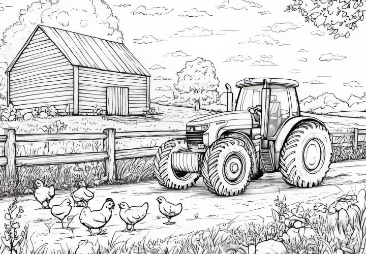 Dibujo para colorear de granja: Tractor en camino de campo con gallinas y granero (Gratis)