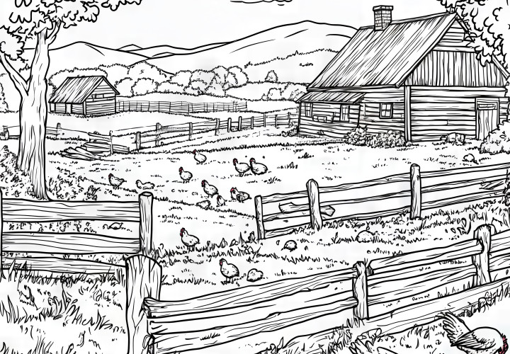 Gallinas en el campo: dibujo para colorear de una granja (GRATIS)