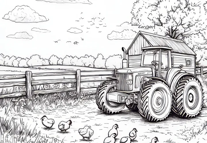 Granja con gallinas y tractor: dibujo para colorear gratis