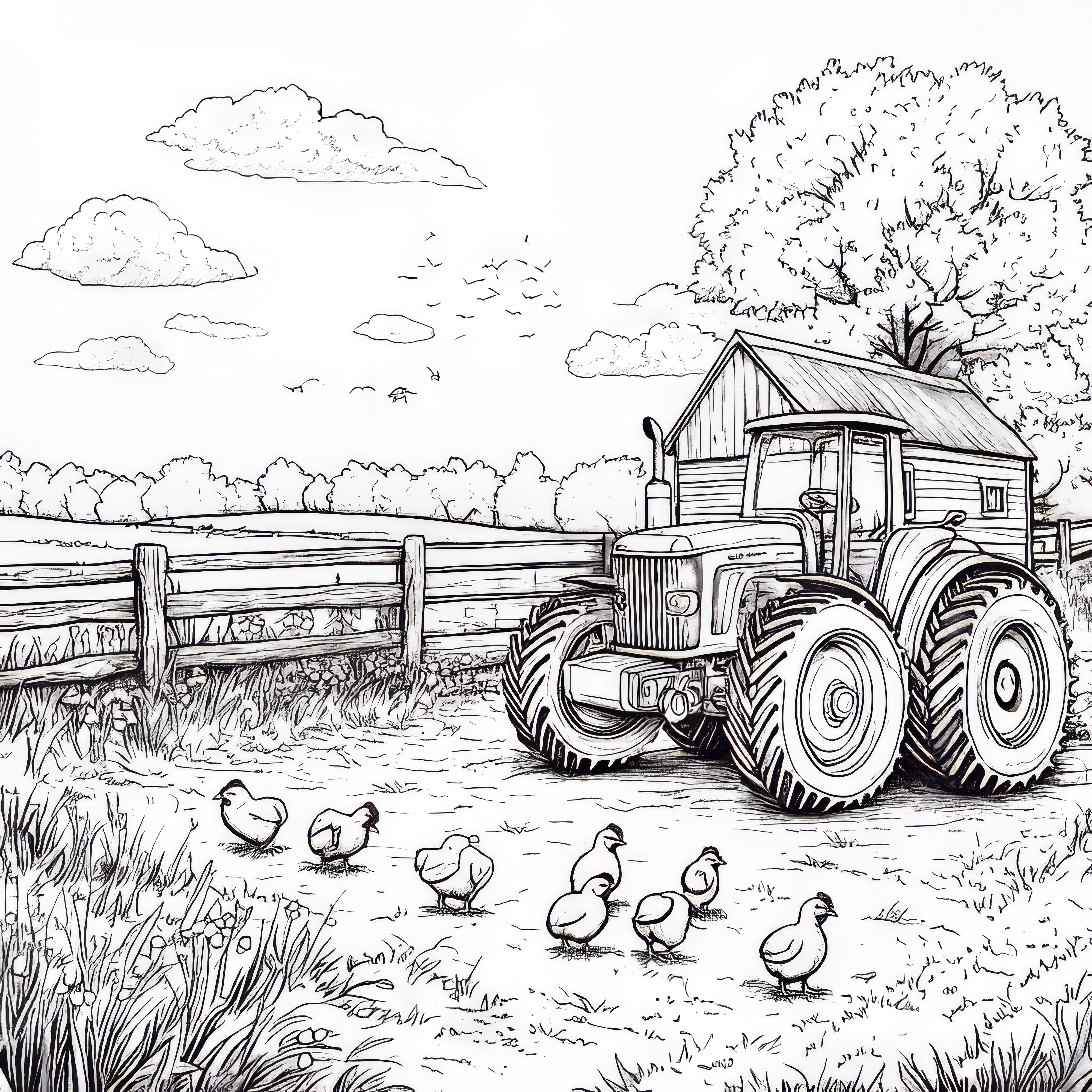 Granja con gallinas y tractor: dibujo para colorear gratis