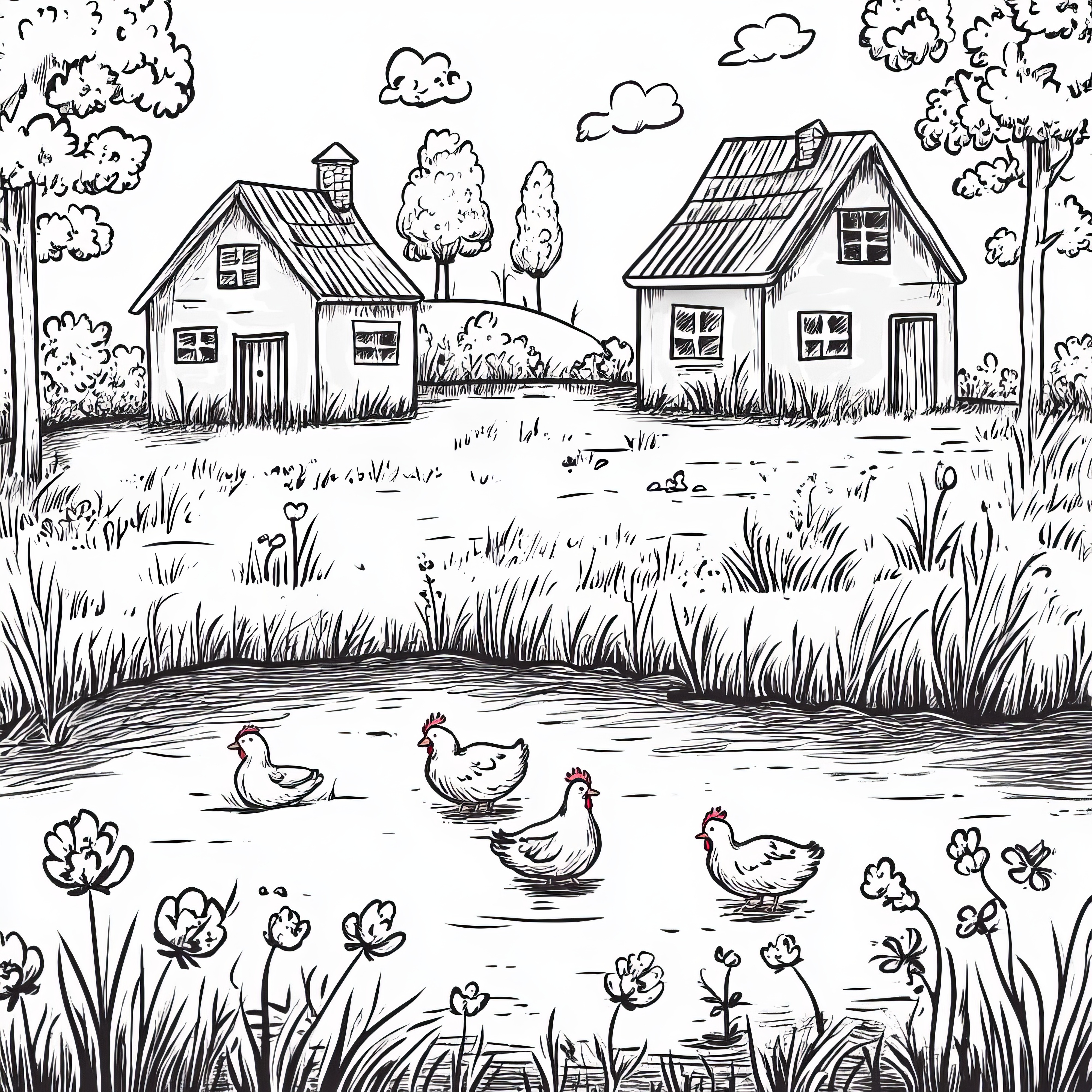 Gallinas frente a dos antiguas casas de campo: Dibujo para colorear para descargar (Gratis)