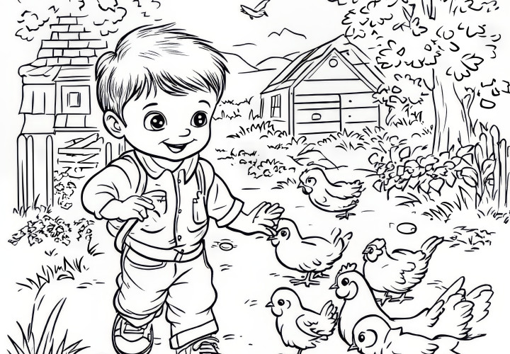 Niño pequeño con gallinas en la granja: hoja para colorear para descargar (Gratis)