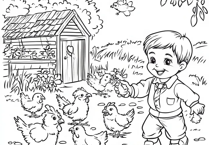 Fattoria con bambino, galline e vecchio capanno: Disegno da colorare da scaricare (Gratuito)