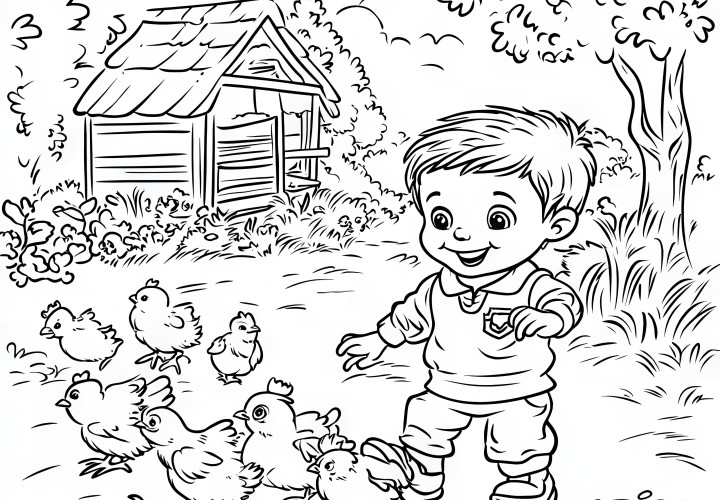 Página para colorear de una granja: Niño feliz con pollitos y gallinas (Gratis)