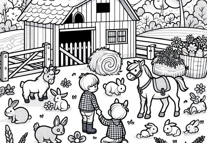 Niños con animales en la granja: plantilla para colorear para niños (gratis)