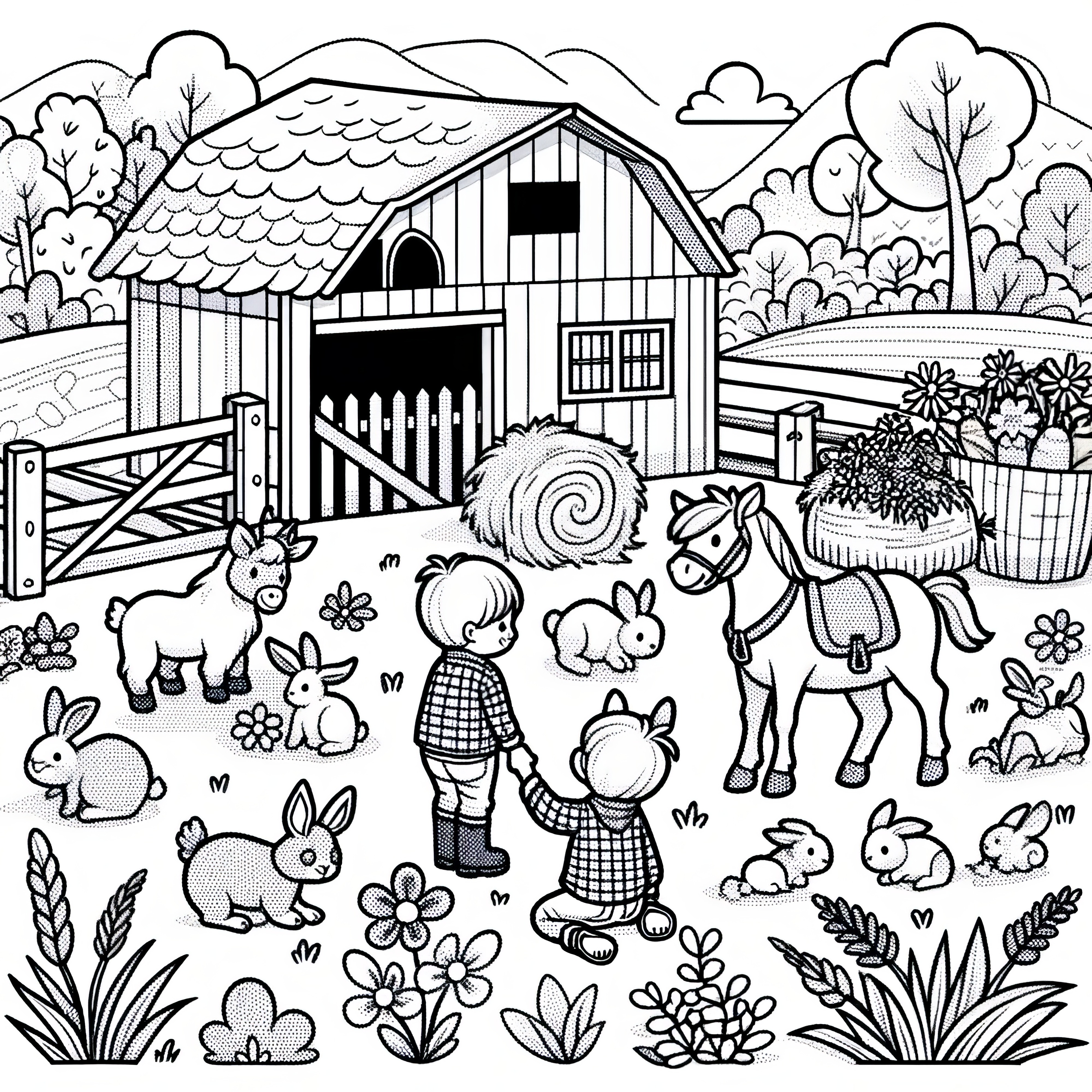 Niños con animales en la granja: página para colorear para niños (Gratis)