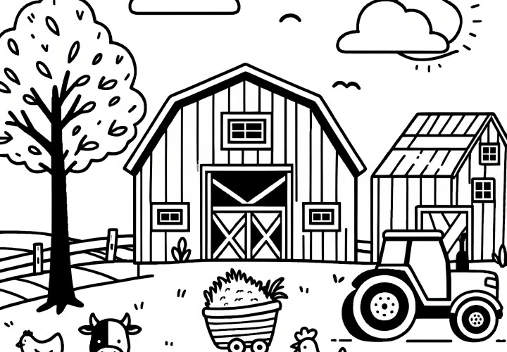 Granja con un granero clásico, vaca, gallinas y tractor: imagen para colorear (Gratis)