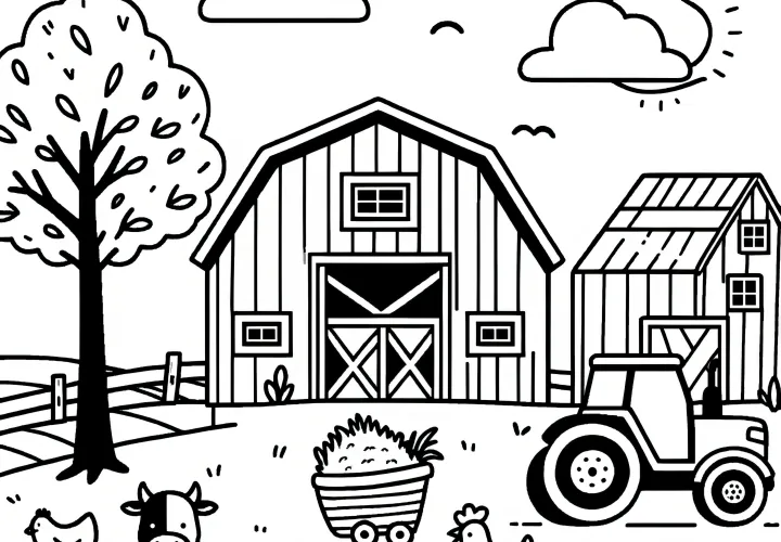 Granja con un granero clásico, vaca, gallinas y tractor: imagen para colorear (Gratis)