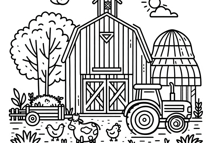 Dibujo para colorear simple: Granero y tractor en la granja (Gratis)