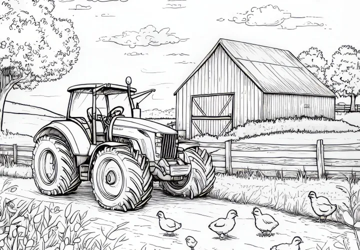 Tractor, granero y gallinas: imagen para colorear de una granja para descargar (Gratis)