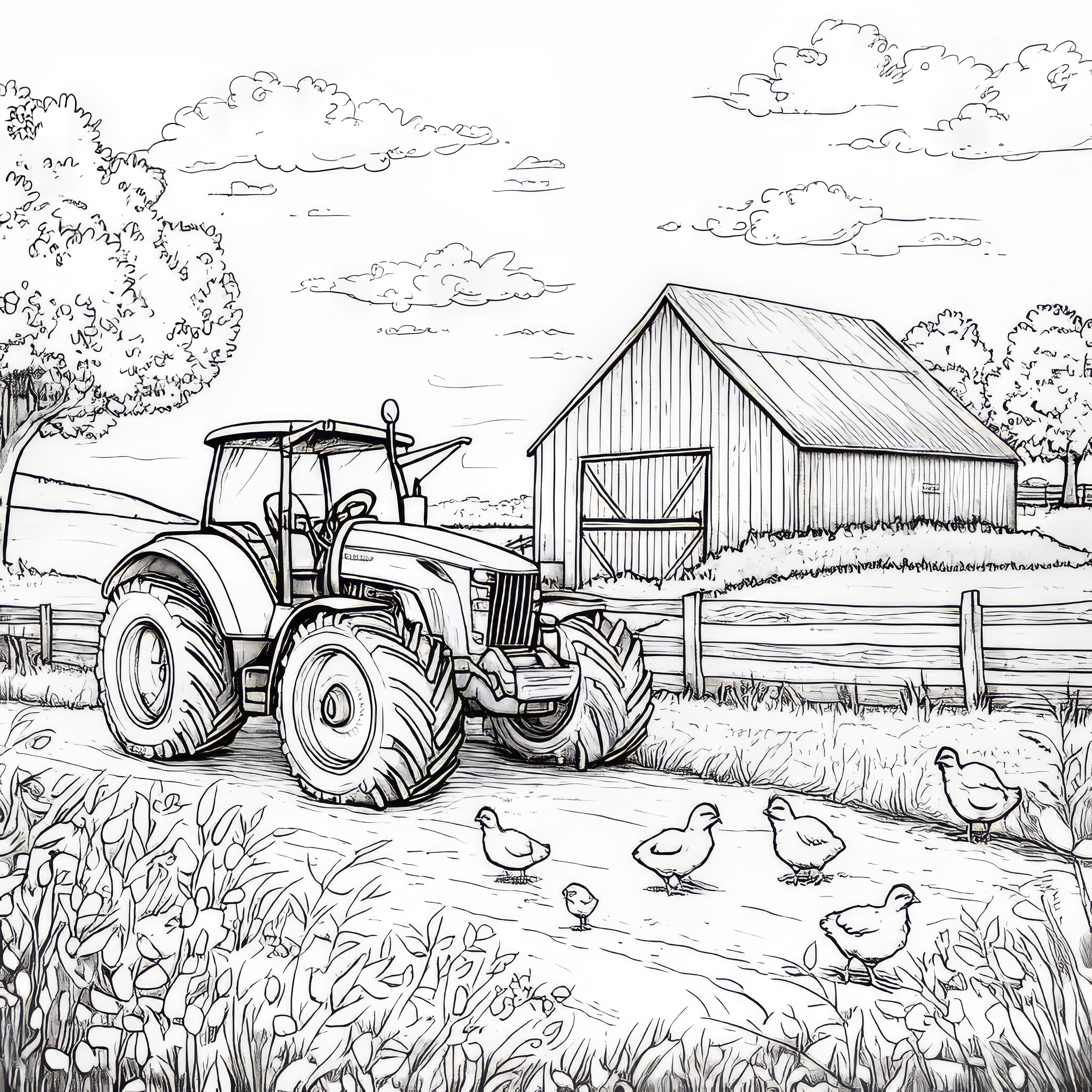 Tractor, granero y pollos: dibujo para colorear de una granja para descargar (Gratis)