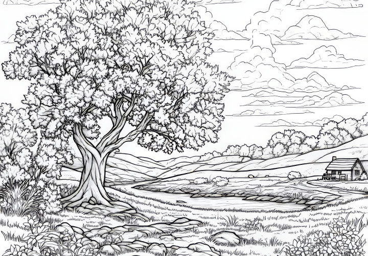 Pequeña granja con campos extensos y un gran árbol: dibujo para colorear gratis