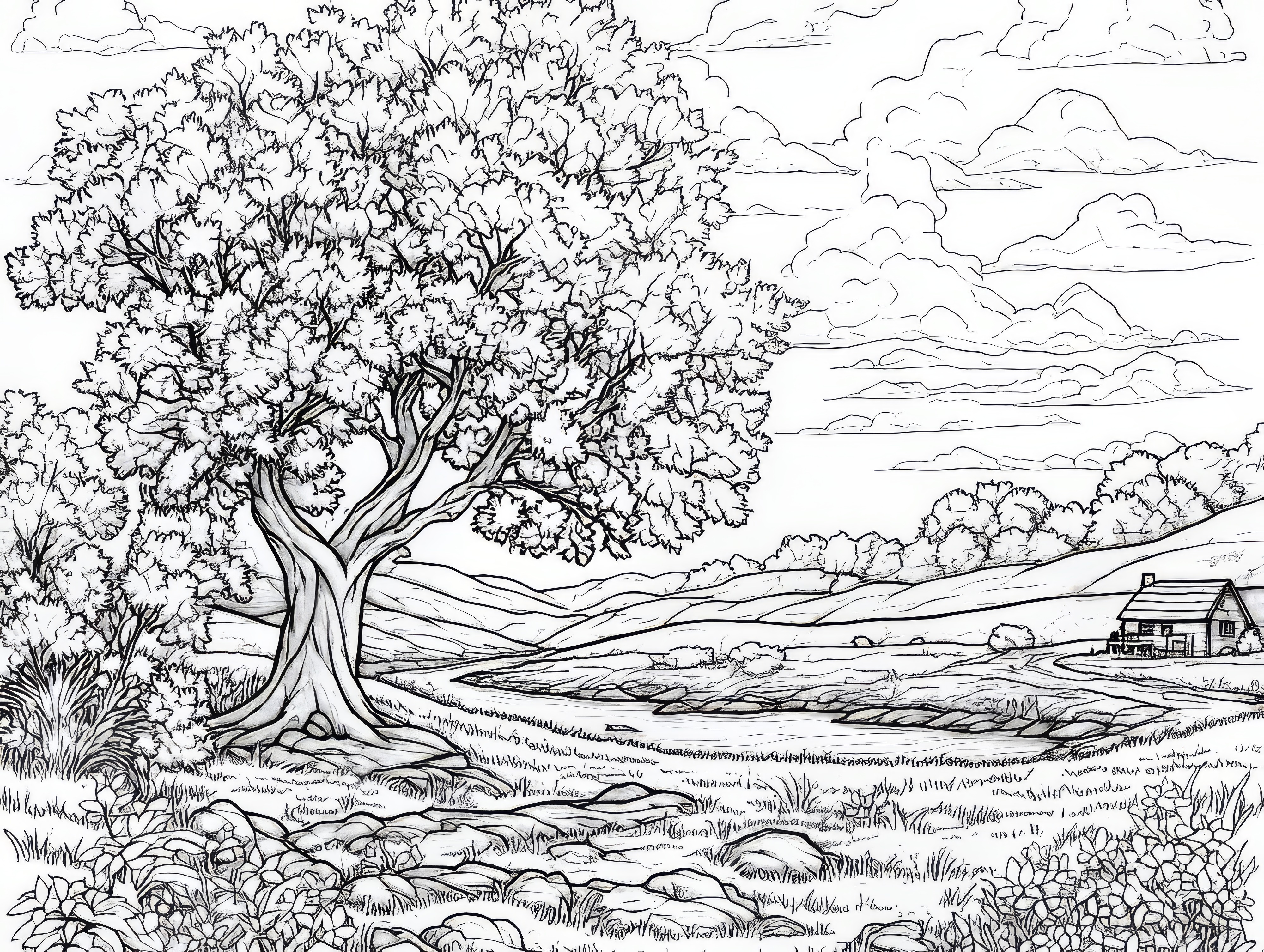 Pequeña granja con extensos campos y un gran árbol: dibujo para colorear gratis