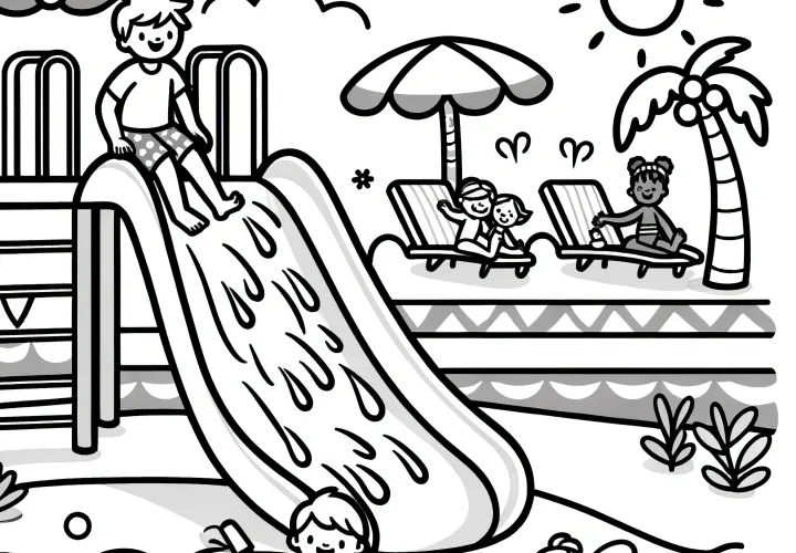 Diversión en la piscina con toboganes: ¡Imagen para colorear (Gratis)