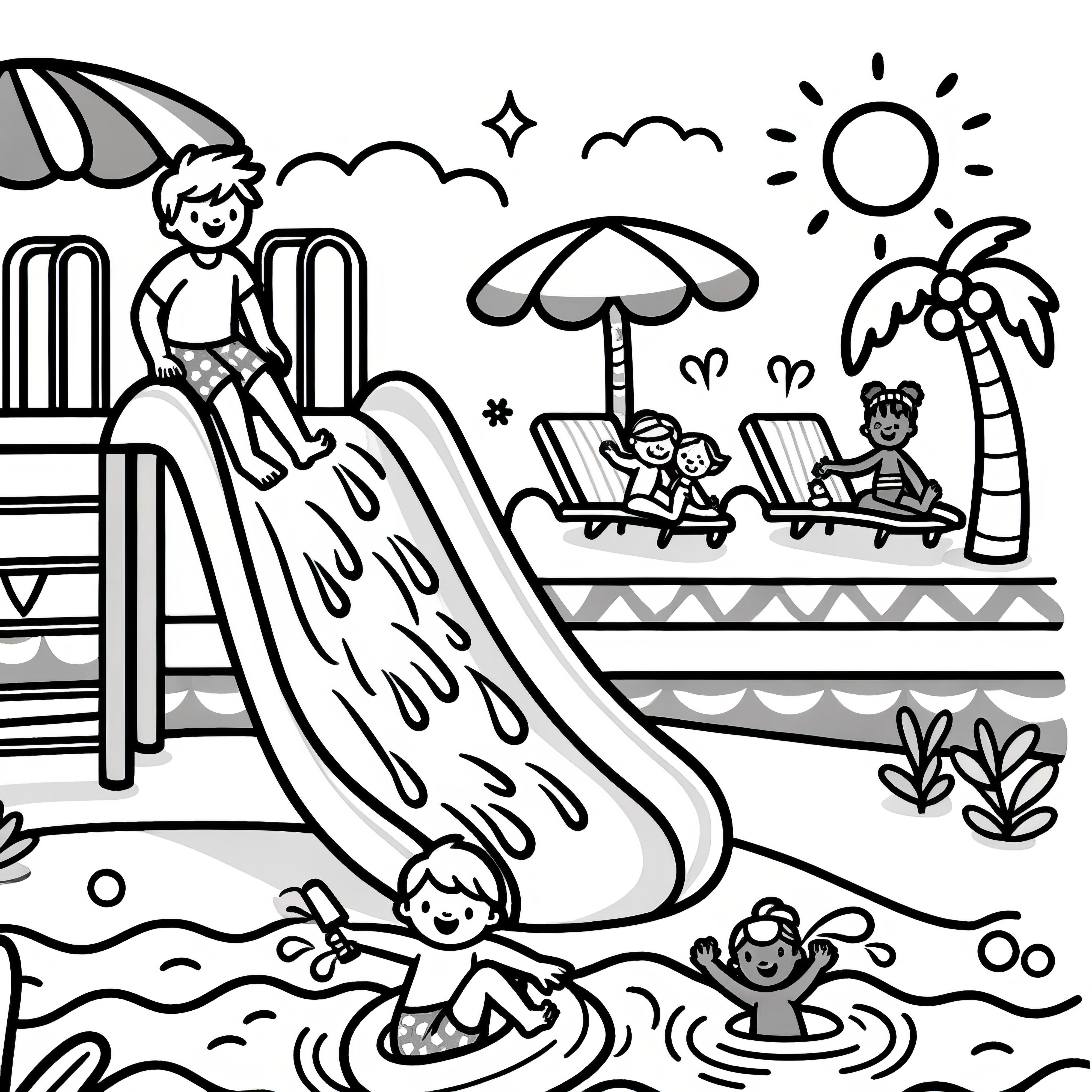 Diversión en la piscina con tobogán de agua y piscina: imagen para colorear para descargar (Gratis)