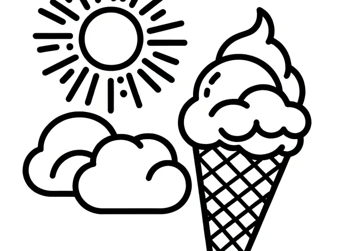 Helado en el cucurucho con sol y nubes: dibujo para colorear gratis