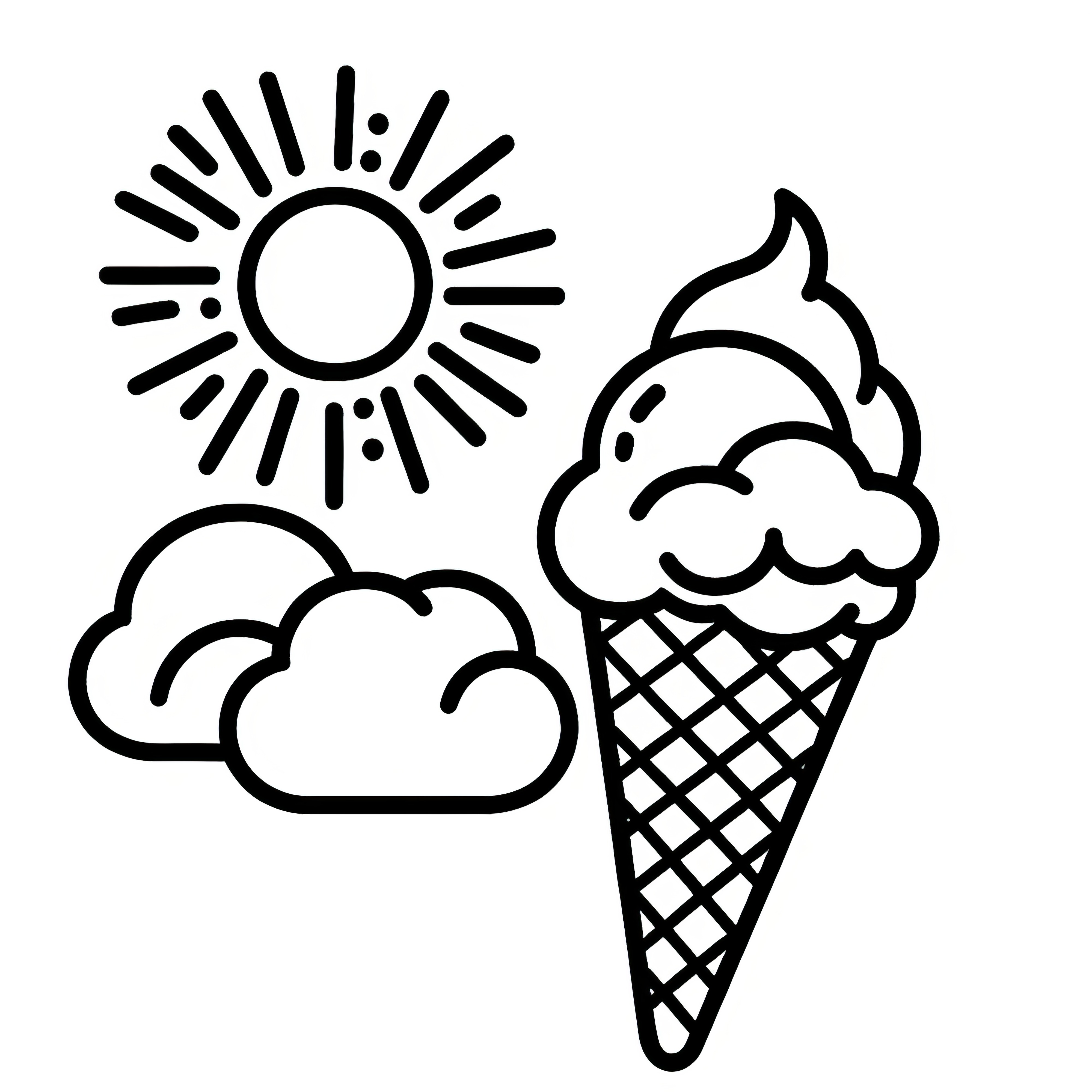 Helado en el cono con sol y nubes: ¡Dibujo para colorear gratis